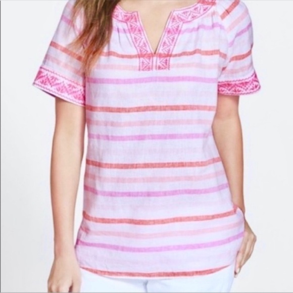 Vineyard Vines Cotton Linen Blend Embroidered Detail Gustavia Stripe Top - Picture 9 of 9